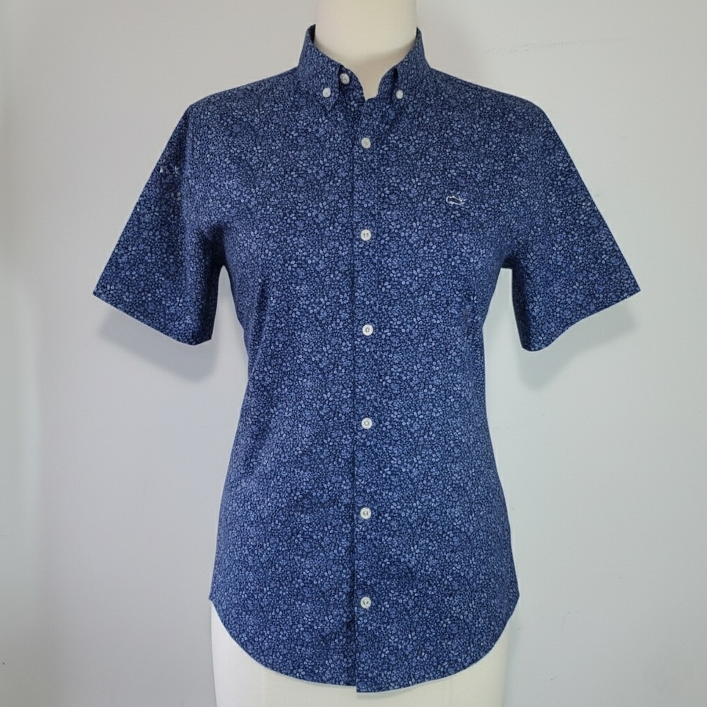 Vinyard Vines Youth XL/Women M Button Down Shirt Blue Floral Cotton Short Sleeve